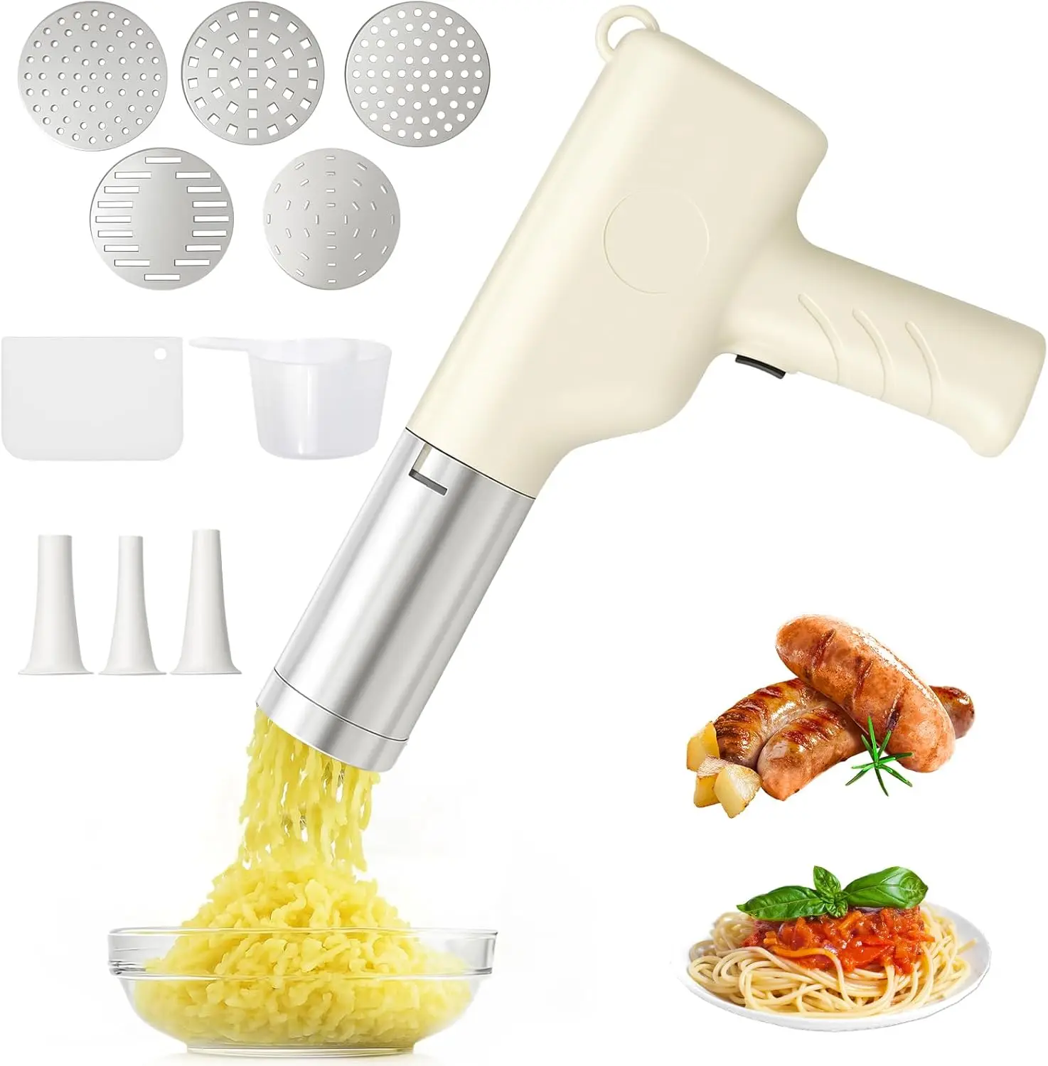 

Electric Potato Ricer, Pasta Maker & Sausage Stuffer - Cordless Kitchen Tool with 5 Molds