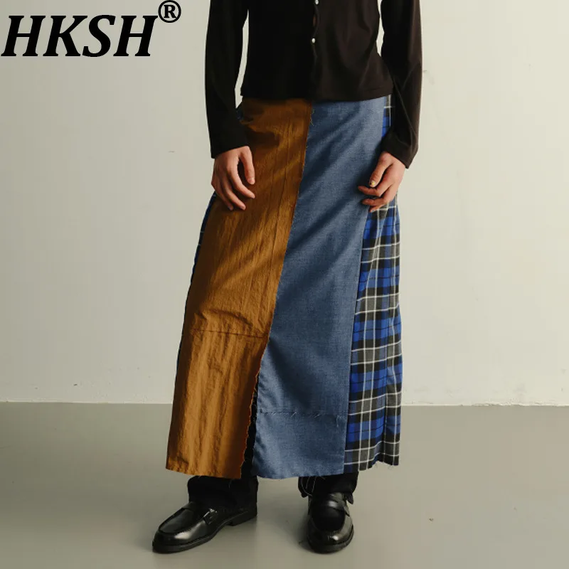 

HKSH Весенняя новинка Man Tide Punk Нишевый дизайн Harajuku Плиссированная клетчатая лоскутная джинсовая потертая двусторонняя юбка Брюки Chic Ins HK10425