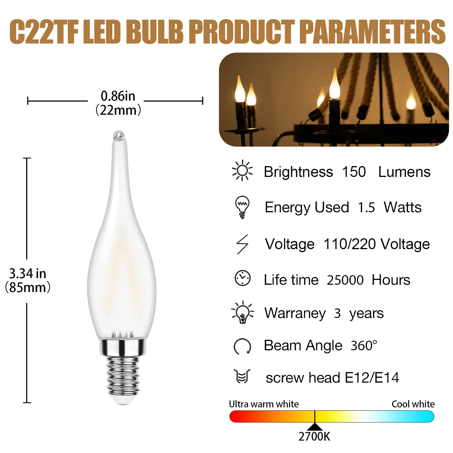 C22 Frosting Led Bulb E14 E12 1.5W Filament Lamp 110V 220V Crystal Chandelier Ceiling Light Vintage Warm White Decoration Lights