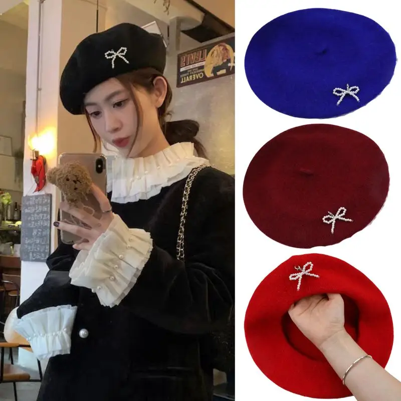 Woolen Berets Korean Ins Pearl Beret French Artist Style Warm Winter Autumn Berets Caps For Women Retro Candy Color Elegant Caps