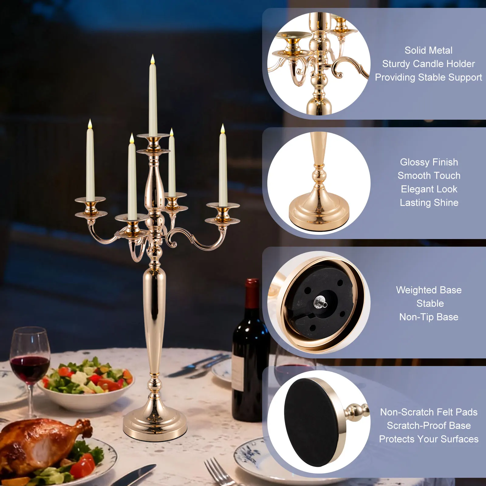 4Pcs 5 Arm Candelabra Candle Holder for Table Centerpieces Gold Metal Candlestick Holder for Wedding Decorative(28 Inch Tall)