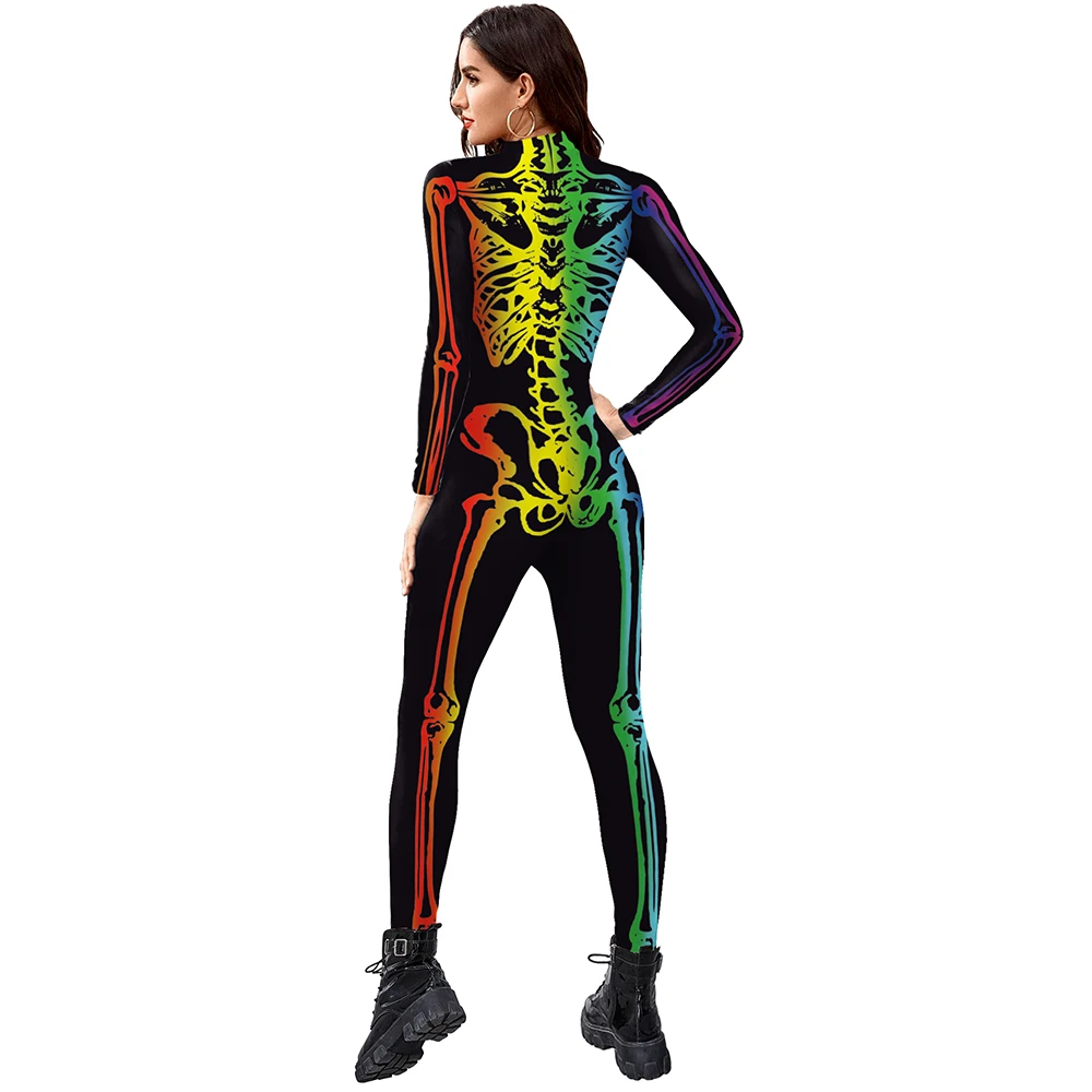 IOOTIANY Fluoreszierender Totenkopf-Overall, 3D-gedrucktes Halloween-Cosplay-Kostüm, sexy Jumpsuit, Bodysuit, Karnevalskleidung für Erwachsene – Detail 9