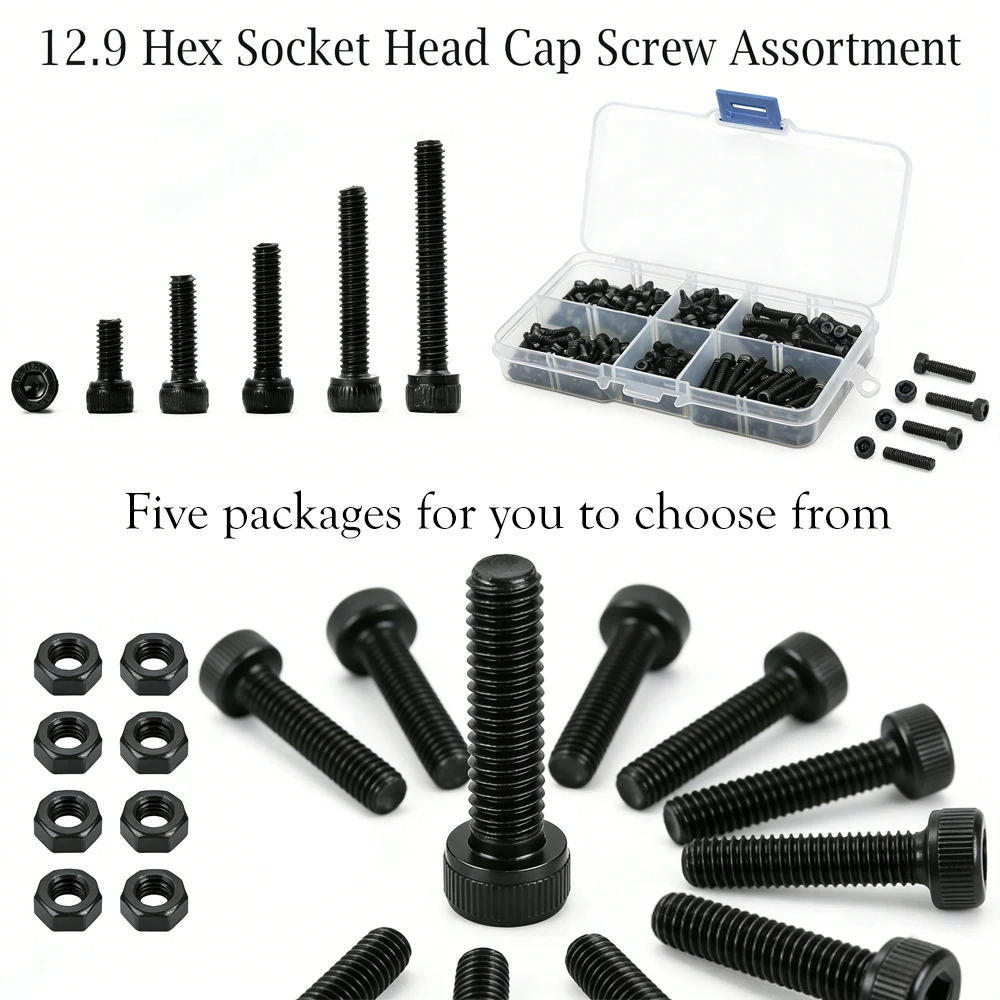 

180-300pcs M2 M3 12.9 Alloy Steel Black Hex Head Screws High Strength Carbon Steel Metric Bolts for Heavy Duty Repair