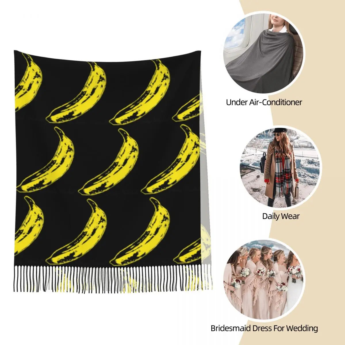 آندي وارهول غروب الشمس القط الماشية الموز وشاح شرابة الأوشحة للنساء شالات دافئة لينة ويلتف طويل الخريف الشتاء شال التفاف