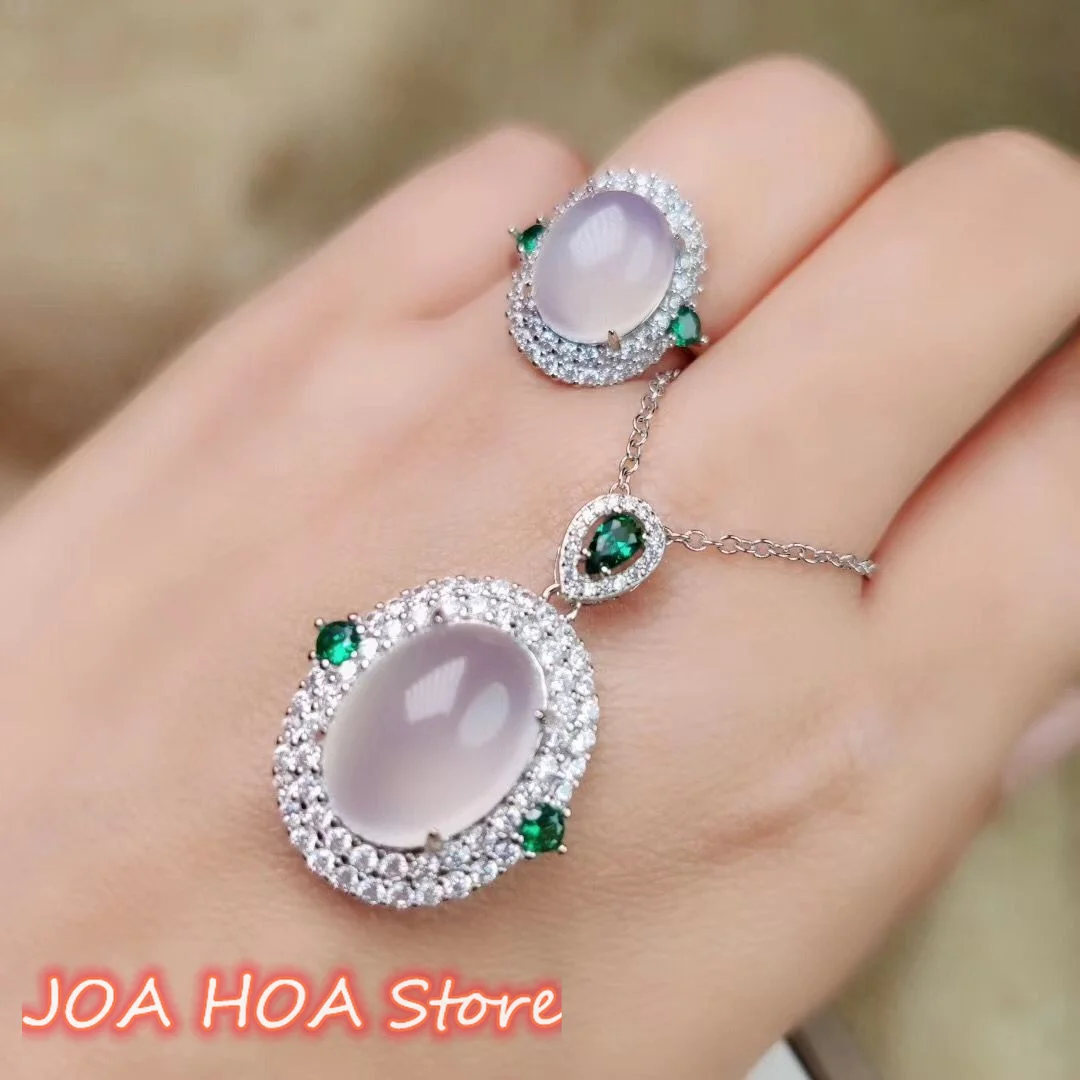 

High Quality 925 Silver Inlaid Ice White-Chalcedony Water Drop Pendant White Agate Jade Ring Necklace Two-piece Jewelry Set