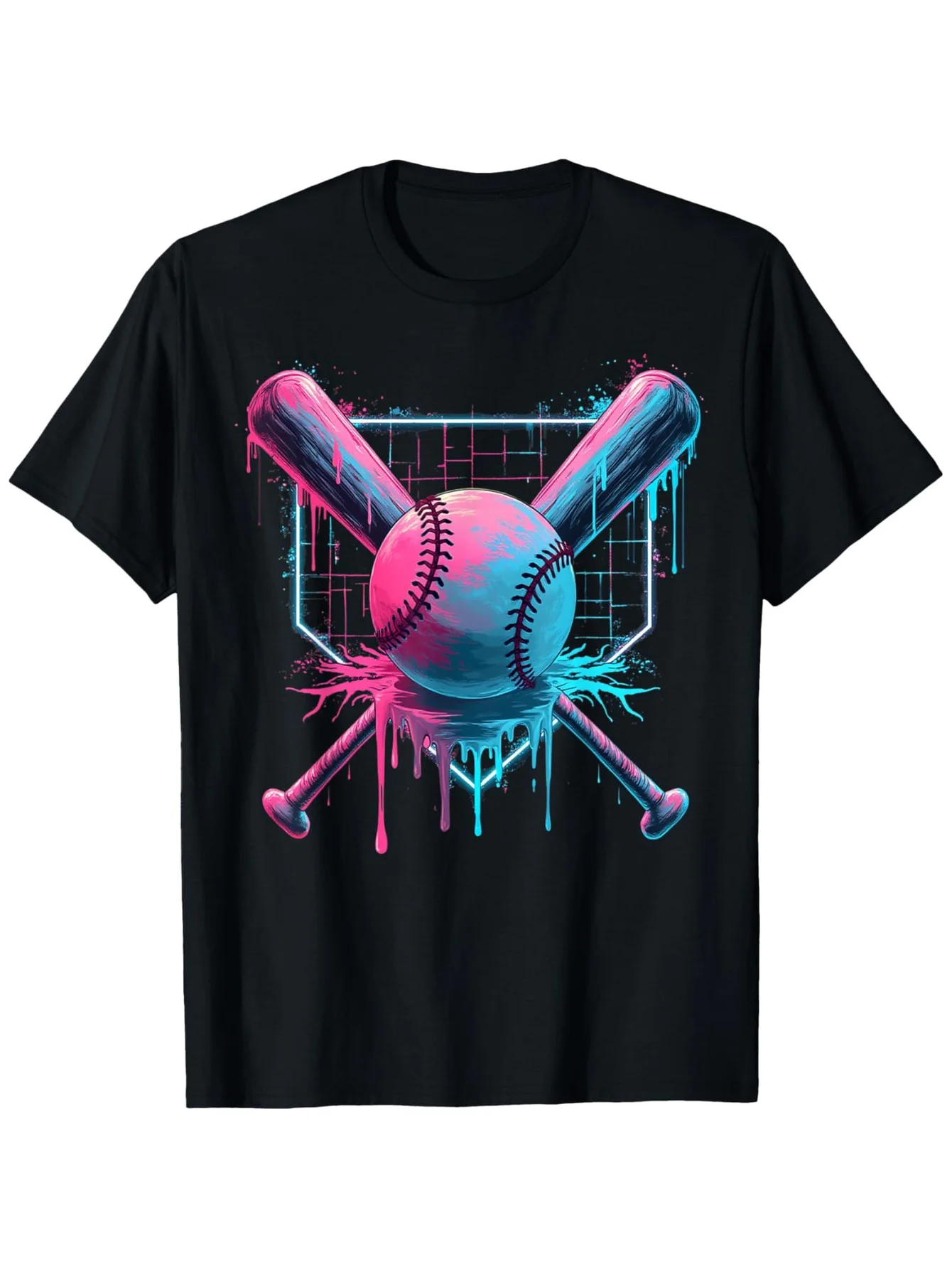 Baseball Home Plate Drip Baseball Bat, Baseball Drip T-Shirt, Fashion Cotton Tops for Men Short Sleeves, Street Style Short T-sh