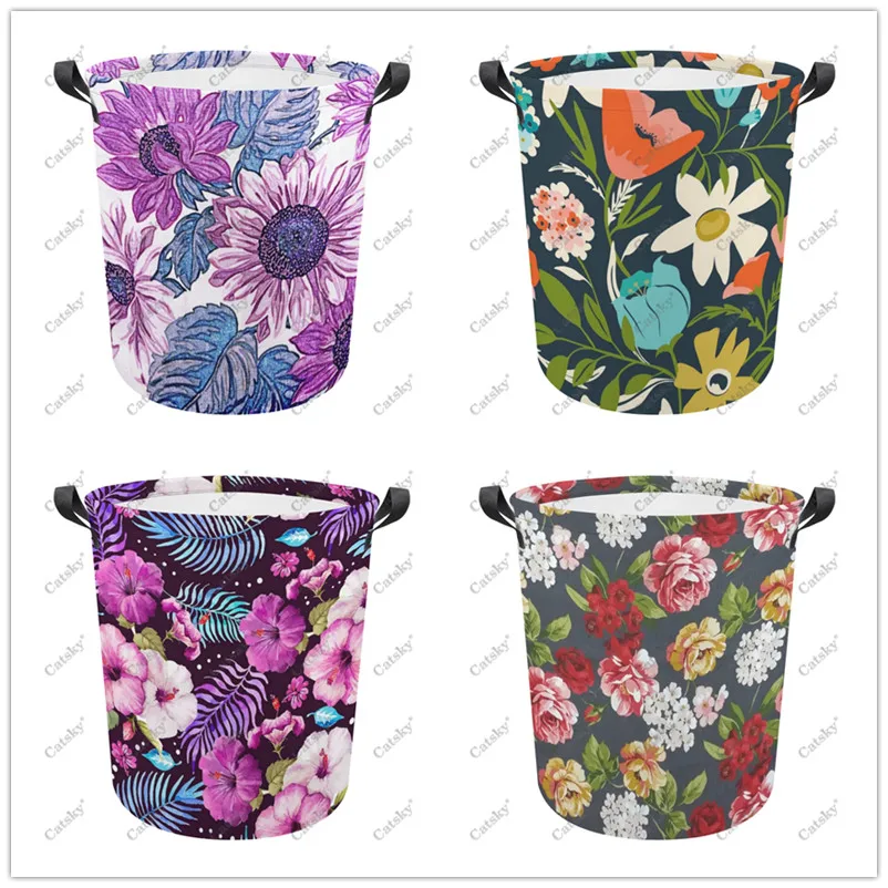 

Flowers Embroidery Art print pattern folding laundry basket storage basket waterproof laundry dirty clothes finishing bag