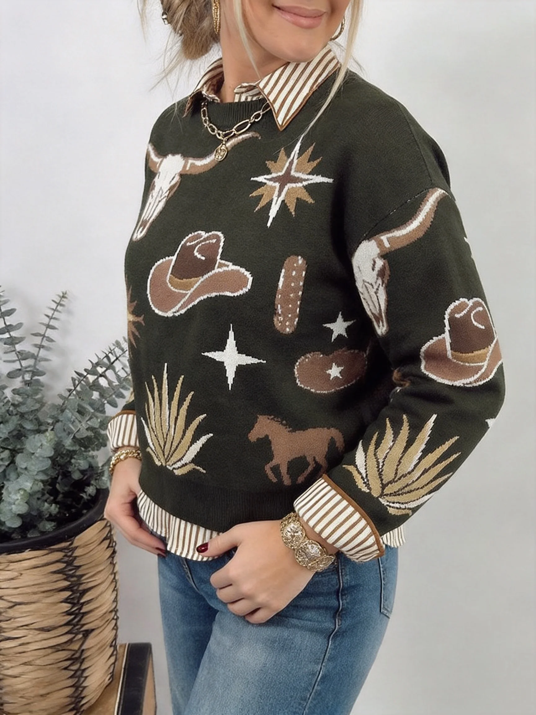 Vintage Western Cowgir Graphic Knitted Women Sweater Bohemia Long Sleeve Thick Sweaters Winter Warm Jumper Pullover Knit Tops
