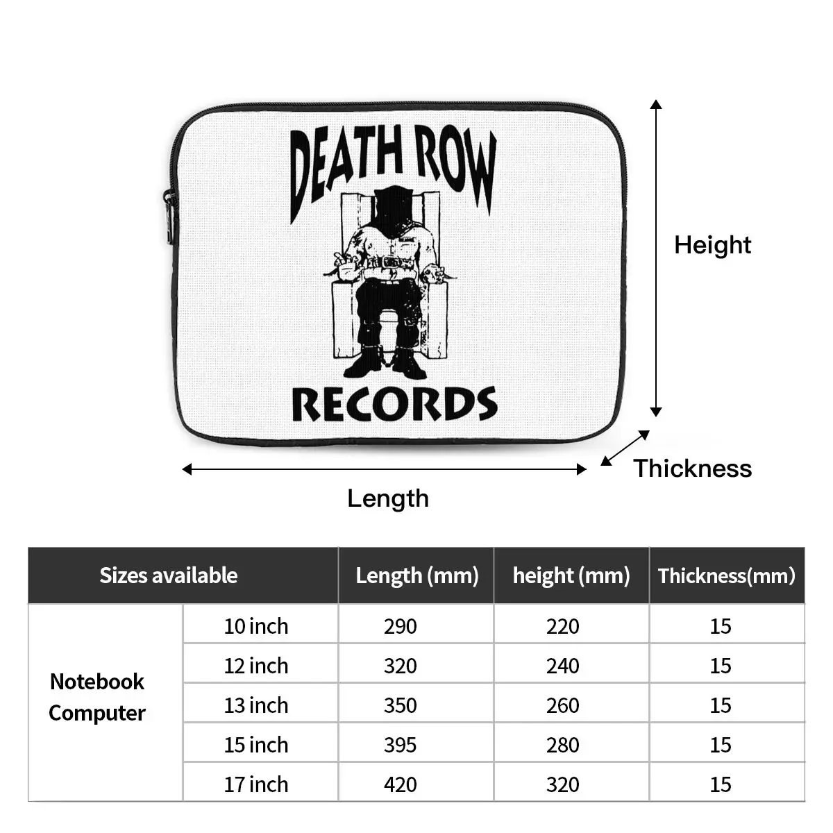 Death Row Records Laptop Cover, preto, saco de computador, malote portátil, iPad, 17 ", 15", 12 ", 10"