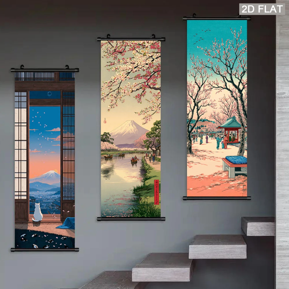 VIKAMA Japanese Ukiyo-e Mount Fuji Scroll Tapestry, Cherry Blossoms River Wall Art, Fabric Poster for Bedroom Living Room Decor