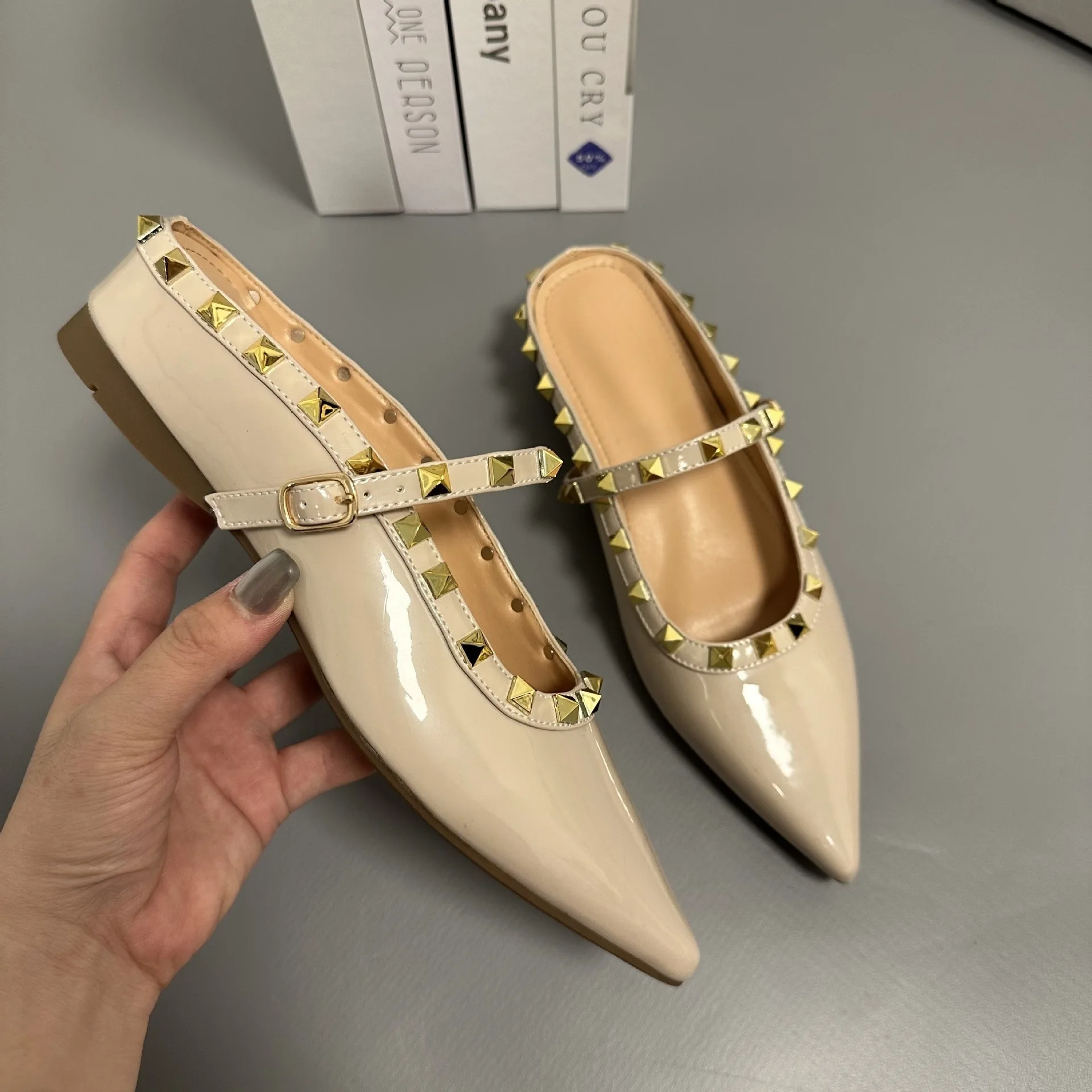 Baofeng rebite boca rasa metade arrasto, feminino vestindo, pequeno dentro, aumentar 5cm apontou chinelos, nu, novo, verão, 2022