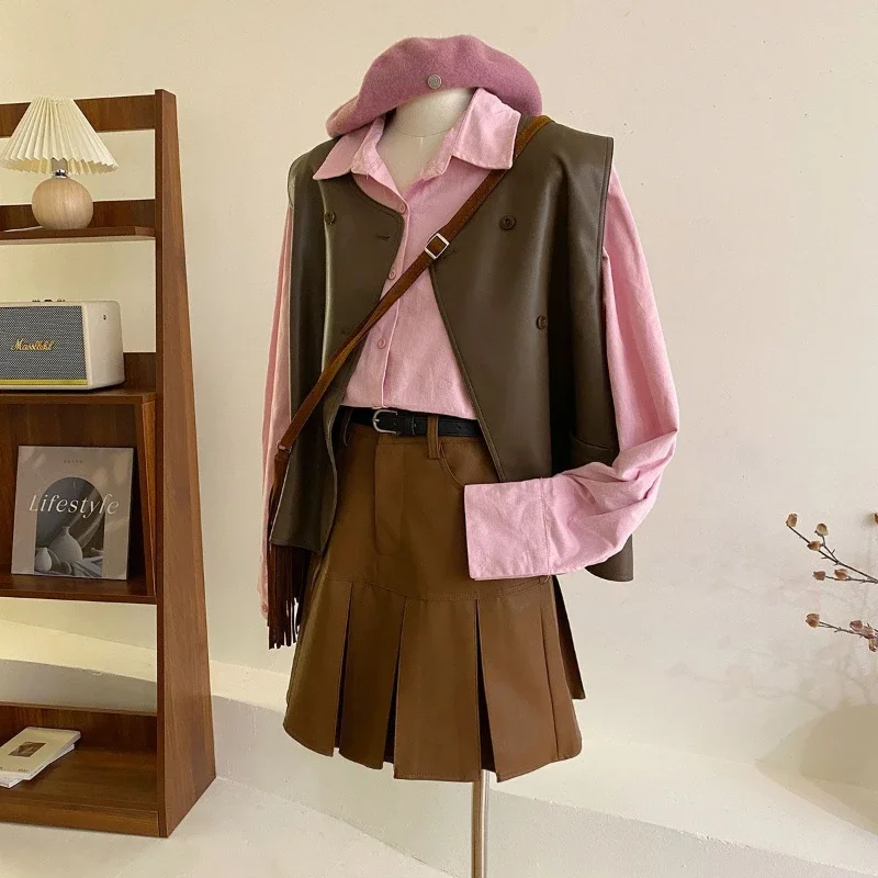 

Spring Summer Casual Retro Black Coats Jacket Coffee Colored Solid Color Double Breasted Elegance Soft Leather Vest Cardigan