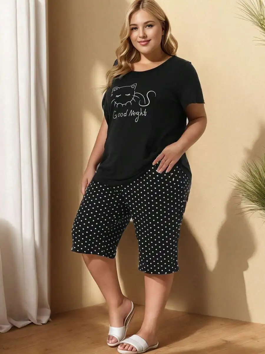

Plus Size Cat Print Short Sleeve T-Shirt And Polka Dot Shorts Pajama Set For Spring Summer