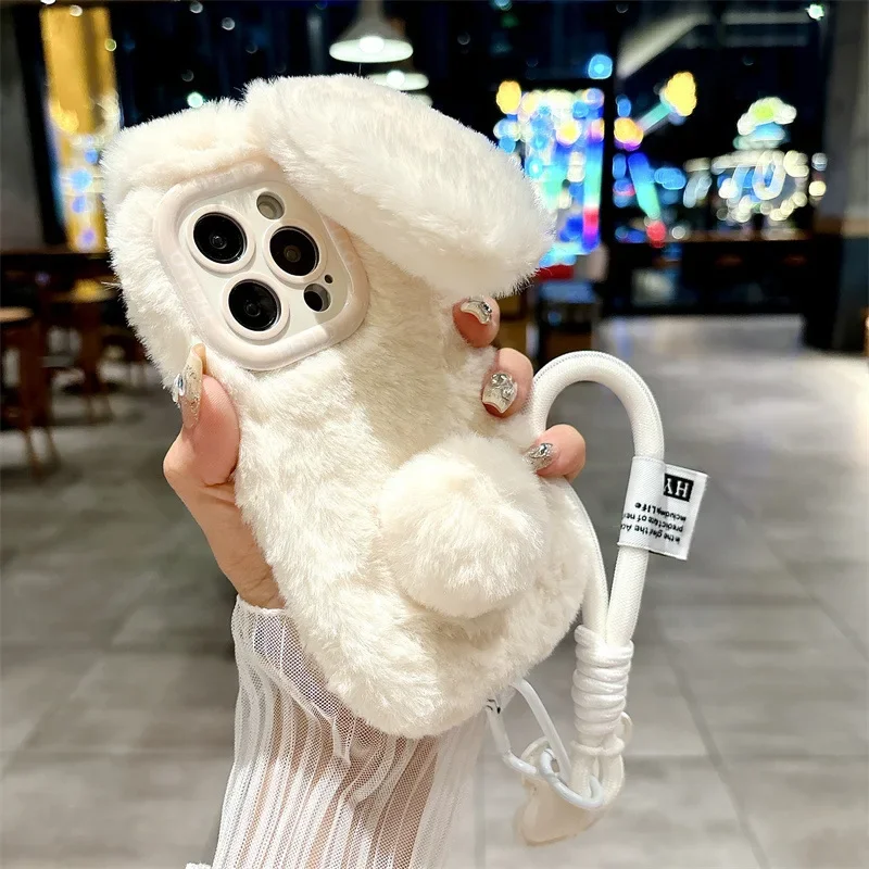 Warm Furry Bunny Ears Plush Phone Case With Lanyard For iPhone17 16 15 14Plus 13 12 11  Pro Max Cute Shockproof Cover