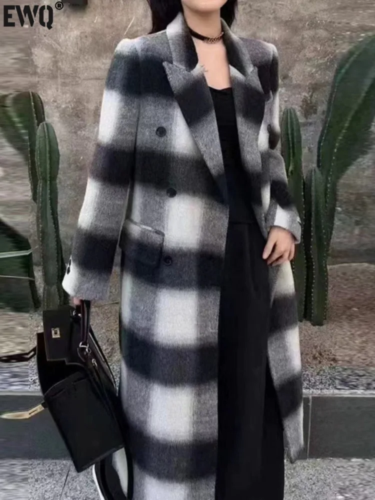 

[EWQ] Fashion Female Plaid Double-faced Cashmere Coat Loose All-match Warm Woolen Coats Women Autumn 2024 Winter New 16O1633