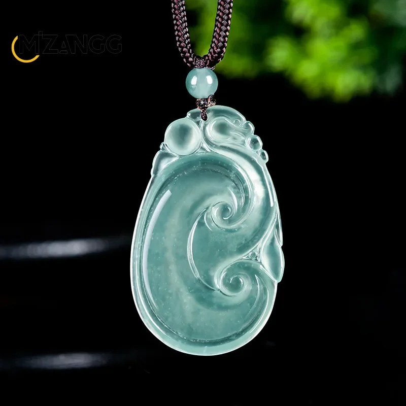 Natural A-goods Jadeite Blue Water Lucky Amulet Pendant Hand-carved Exquisite Luxury Ice Jade Necklace Men & Women Holiday Gift