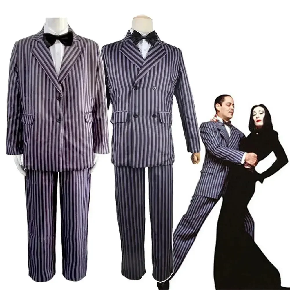 Gomez Addams Cosplay Anime Morticia Kostüm Kleid Halloween Karneval Outfit Erwachsene Männer Mantel Hemd Hose Krawatte Anzug Party Uniform