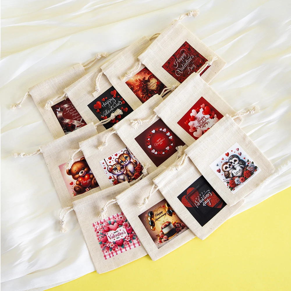 10Pcs Valentine's Day Burlap Bag Heart Love Drawstring Gift Muslin Treat Bags Bulk Candy Perfume Jewelry Organizer Decorations