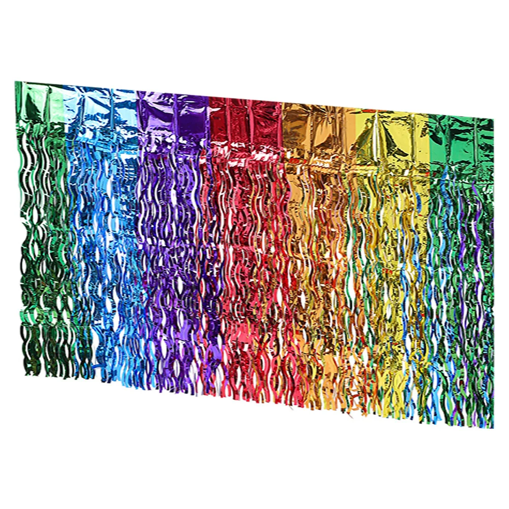 

Rainbow Fringe Table Skirt Wavy Foil Tassel Decor for Celebrations Weddings Birthdays Graduation Fiesta Party Backdrop