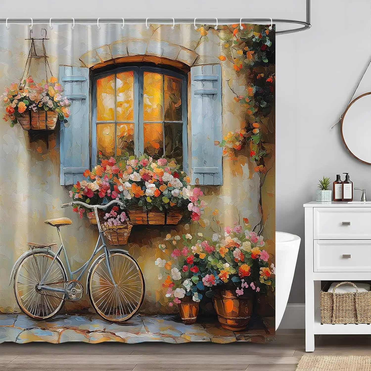 Italian Shower Curtain Tuscany Country Floral Rustic Garden Nature Farmhouse Flower Plant Landscape Romantic Mediterranean