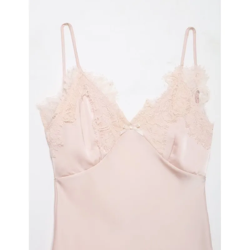 Abito corto in raso di pizzo da donna primavera estate Abito longuette da donna con spalline sottili senza schienale sexy Cerniera laterale Abiti femminili chic eleganti