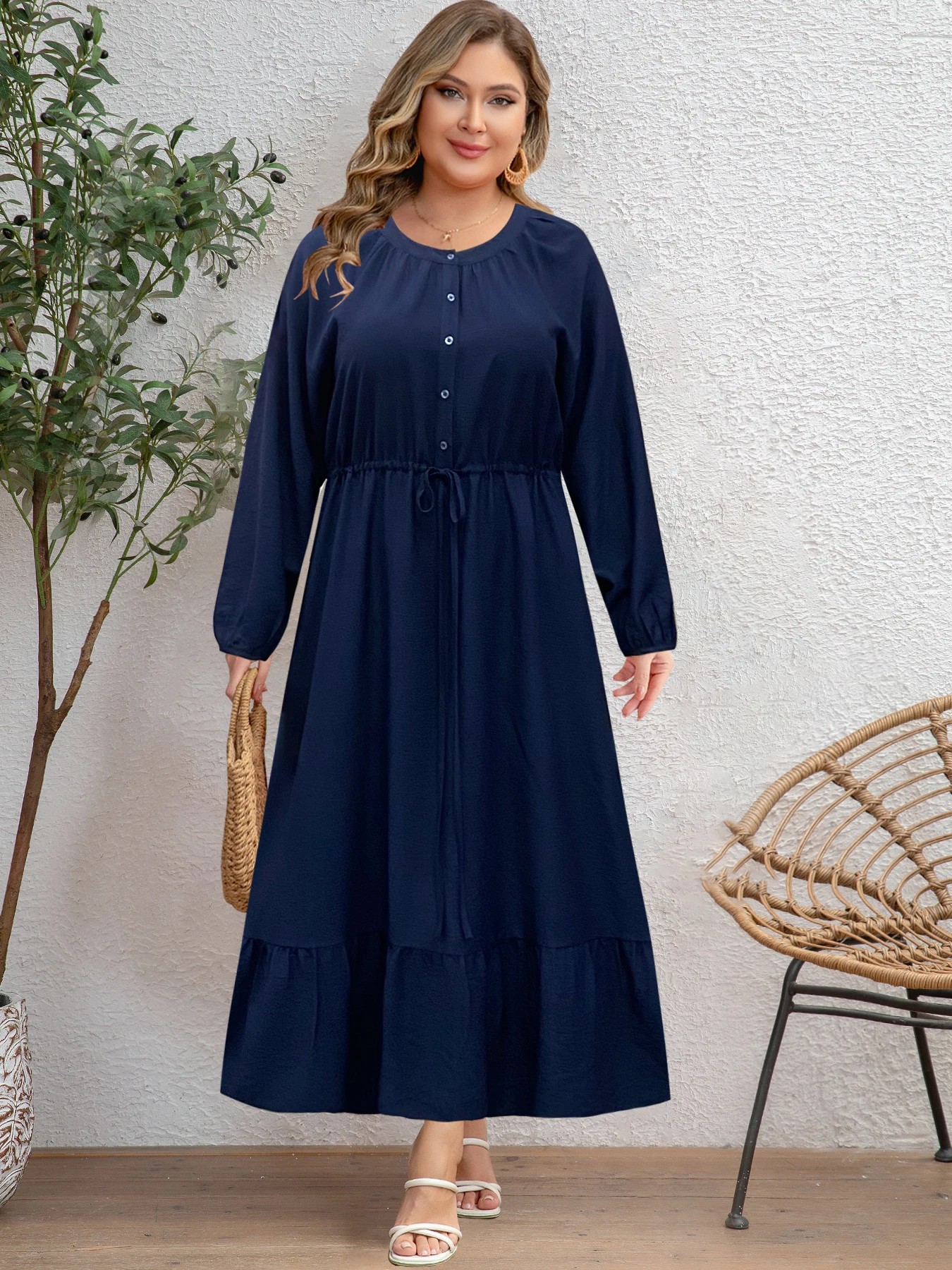 

Plus Size Women's Navy Blue Round Neck Buttoned Long Sleeve Dress Waist Tie Ruffle Loose Casual Maxi Dress