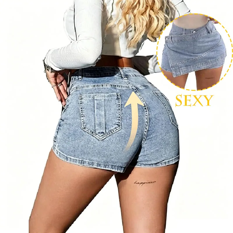 

New Women High Waist Asymmetric Wrap Denim Skort Washed Blue Y2K Streetwear Summer Casual Sexy Mini Slim Fit Shorts Hot Pants