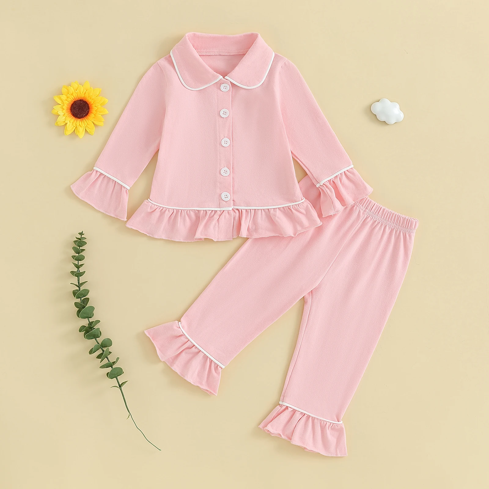 Baby Girls Pajamas Set Kids Loungewear Long Sleeve Lapel Ruffle Hem Buttons Tops Pants Clothes Suit Autumn Spring Sleepwear