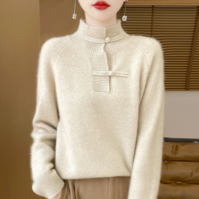 Autumn Winter 100% Pure Woolen Sweater Women\'s Vintage Half High Neck Loose Thickened Plate Button Pullover Versatile Foreigner