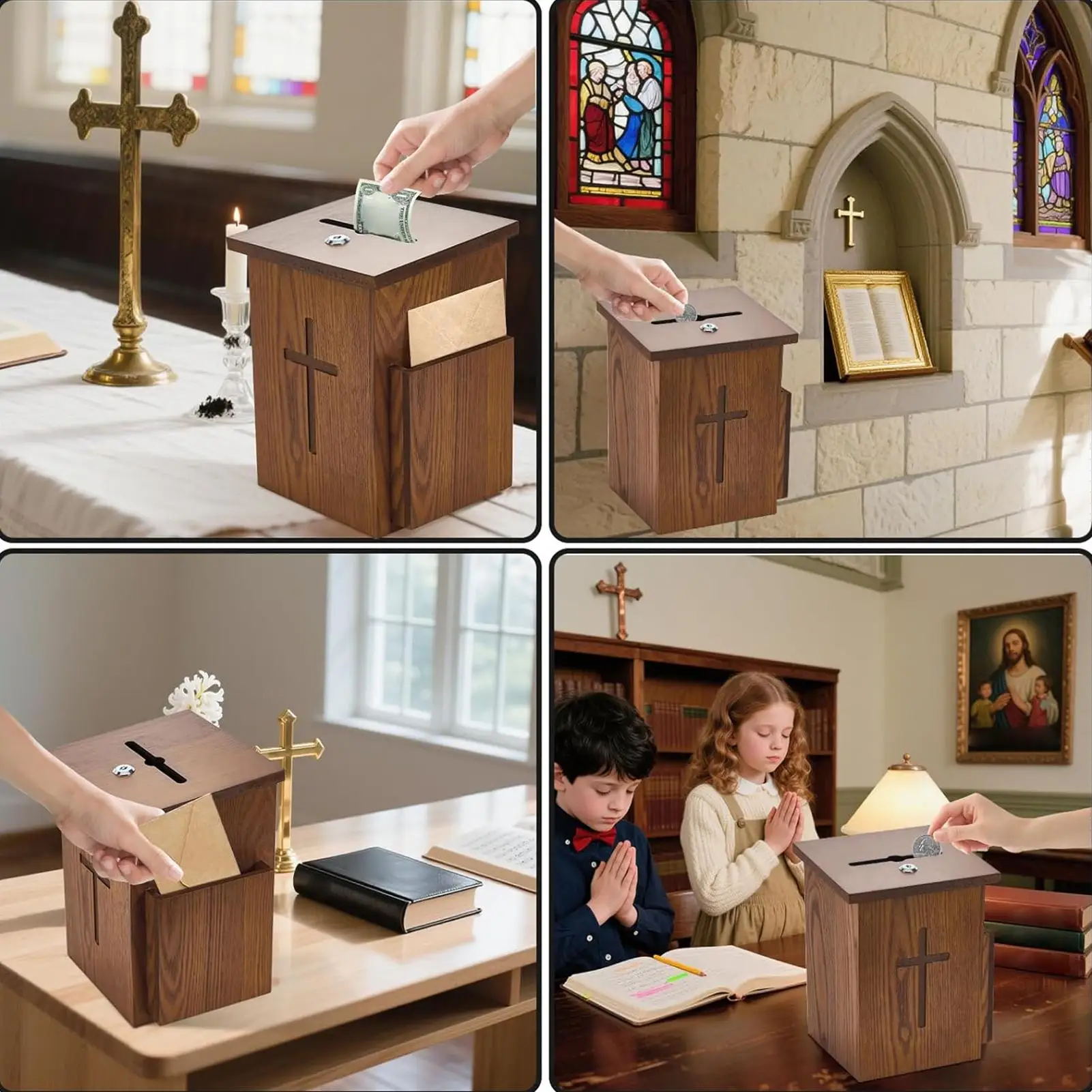 Boîte à demandes de prière murale en bois verrouillable avec croix, pour collectes caritative, églises, sanctuaires, funérailles, titres religieux et événements religieux