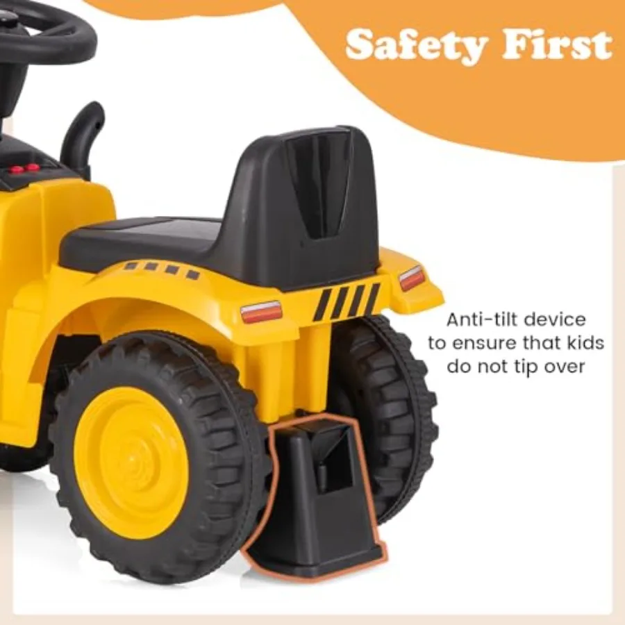 Licencjonowany traktor Caterpillar do jazdy, 2 w 1: pojazd do jazdy i wózek do pchania z odłączanym przyczepką, światła, klakson, grabie, łopata, napęd na stopę.