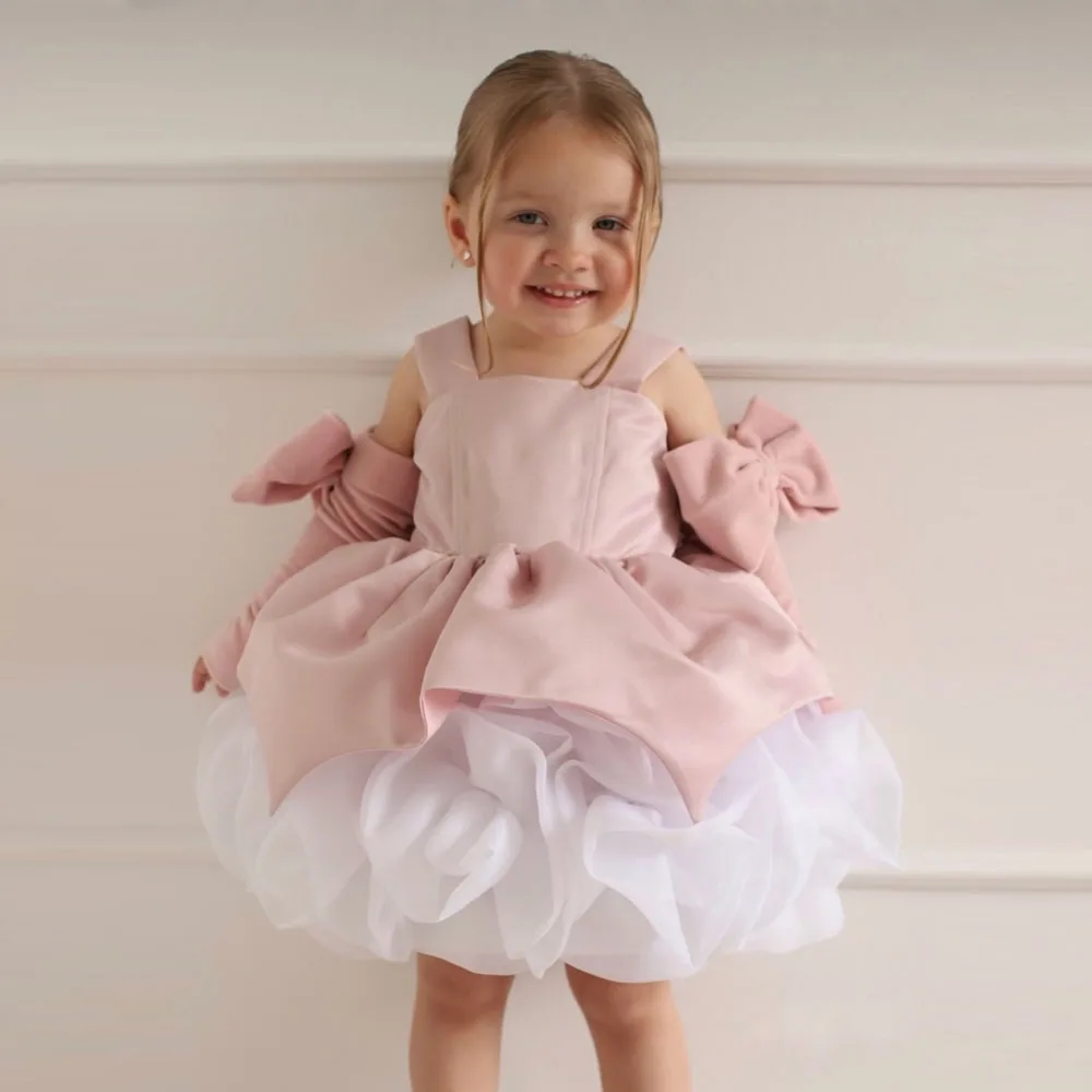 

Pretty Light Pink Short Daughter Birthday Party Dresses Handmade Flower Little Kid Dresses Flower Girls Dresses