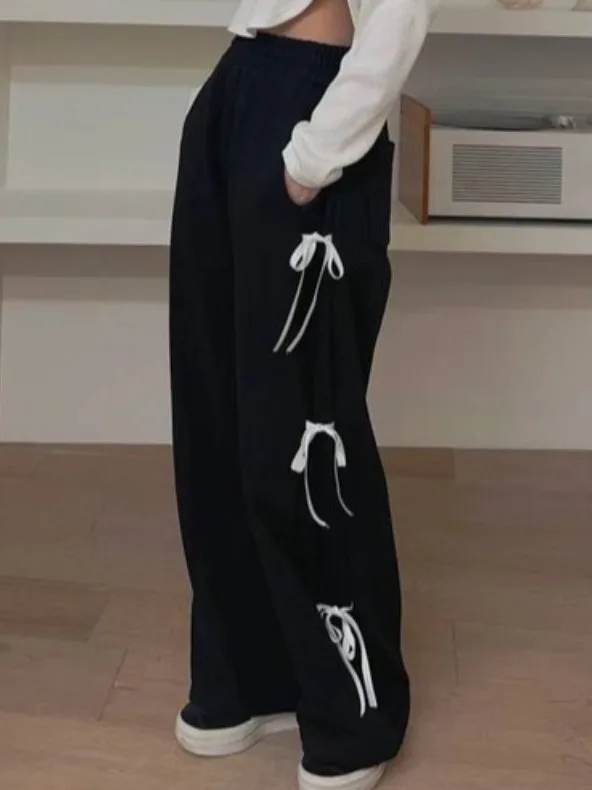 Eleganckie letnie nowe spodnie z kokardką, elastyczną talią, prostymi nogawkami, długie spodnie w stylu ulicznym.