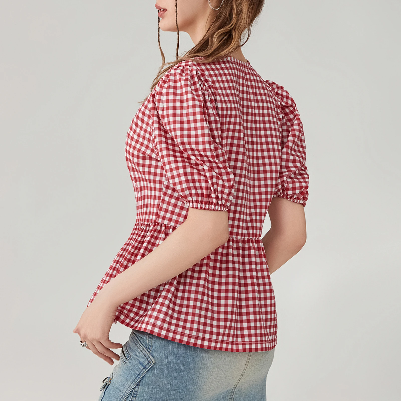 Women's Y2K Aesthetic Tie Front Top Puff Sleeve Round Neck Plaid Print Casual Loose Shirt Spring Autumn Shirt