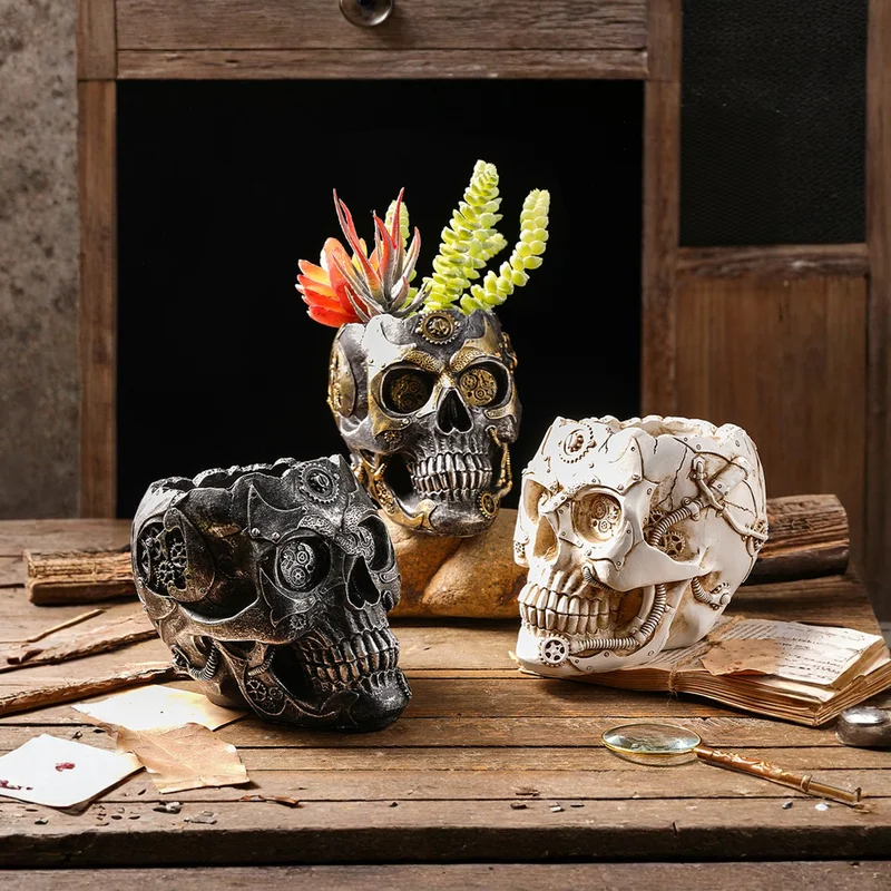 1PC Halloween Party Punk-Style Mechanical White Black Gold and Silver-Black Skull-Shaped Vases Halloween decorations
