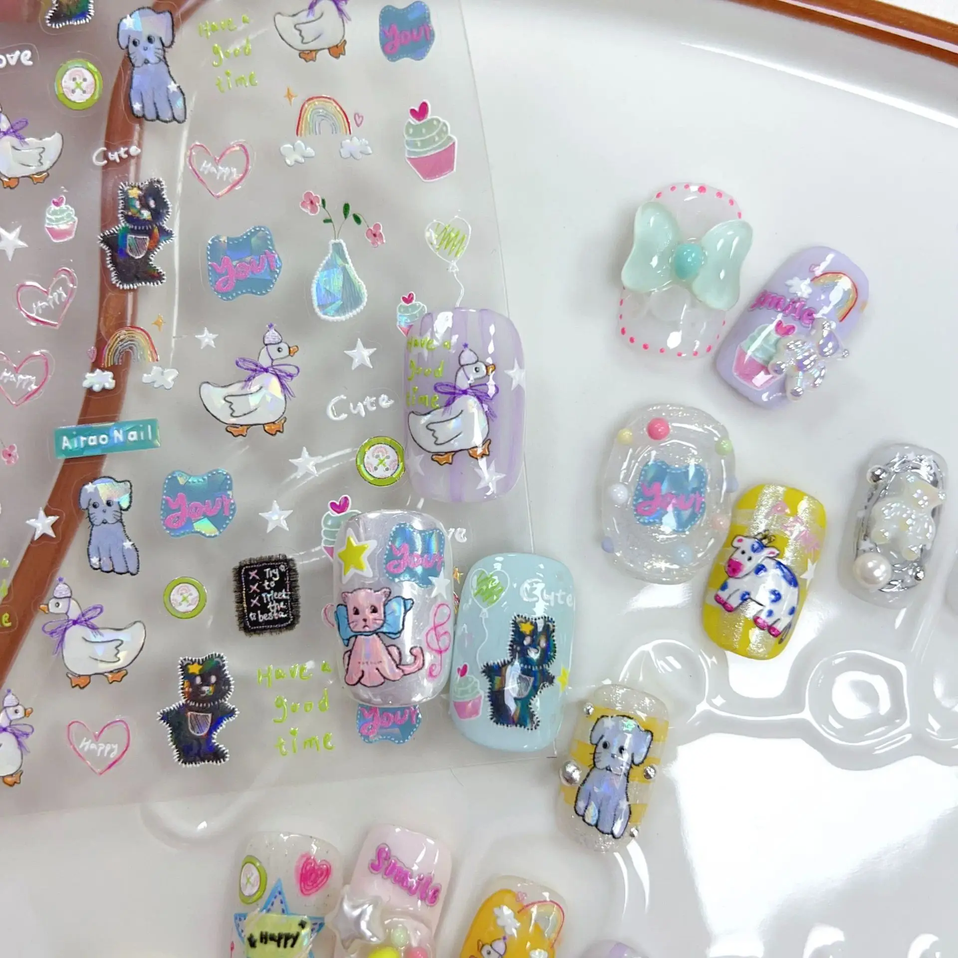 

Cartoon Patch Duck Button Dog Cow Cat Bear Pink Rainbow Cloud Bowknot Cake Star lovely chic Nail Art Sticker DIY Manicure Decals