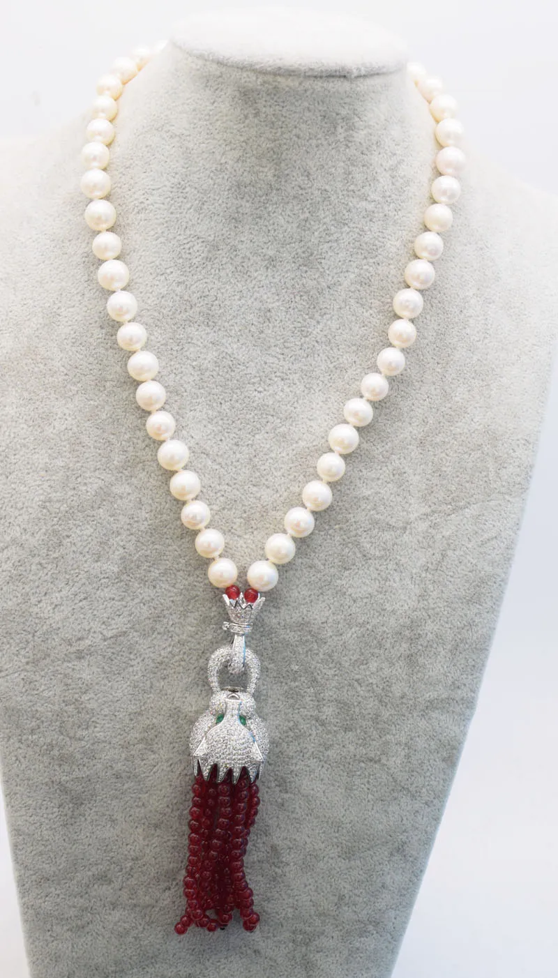 

freshwater pearl white round leopard clasp red stone beads necklace 18"