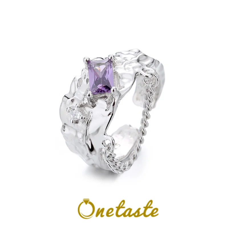

925 Sterling Silver Purple CZ Cubic Zirconia Open Rings Women Tinfoil Texture Trendy Personalized Statement Ring Gift For Her