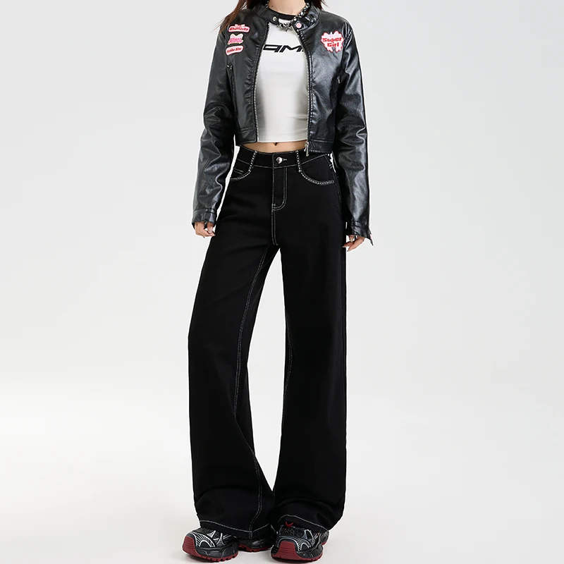 

Осенние новые черные джинсы с высокой талией, свободного прямого кроя, для фигуры типа «груша», прикрывающие бедра, стройнящие, увеличивающие рост, широкие брюки.