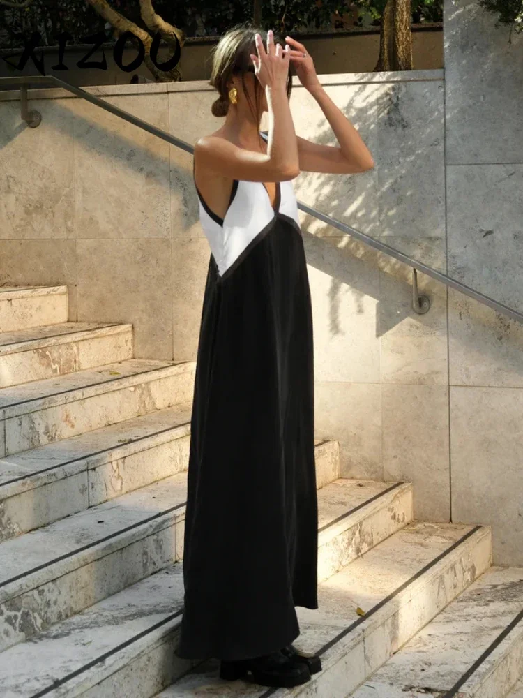 

XIZOU Patchwork V-Neck Strapless Maxi Dress Sleeveless Slim Elegant Fashion Party Dresses for Women Long Summer Dress 2024