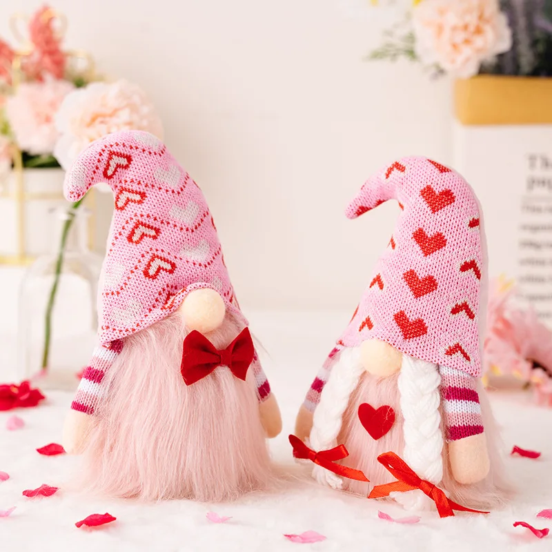 Rosa Herz-Plüschpuppe, 22 cm, Valentinstag-Dekoration, Paar-Figur, Geschenk mit roter Schleife, weiches Stofftier für romantische Heimdekoration