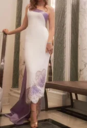 Customized Luxurious One Shoulder Women's Evening Dresses 2026 White With Purple Straight Beaded Party Dress Tea-Length Vestidos