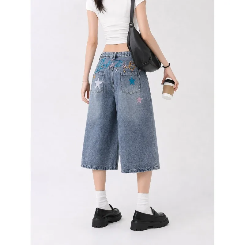 Unisex Star Embroidered Denim Shorts 2026 Summer New American Vintage Washed Loose Wide Leg Casual Pants
