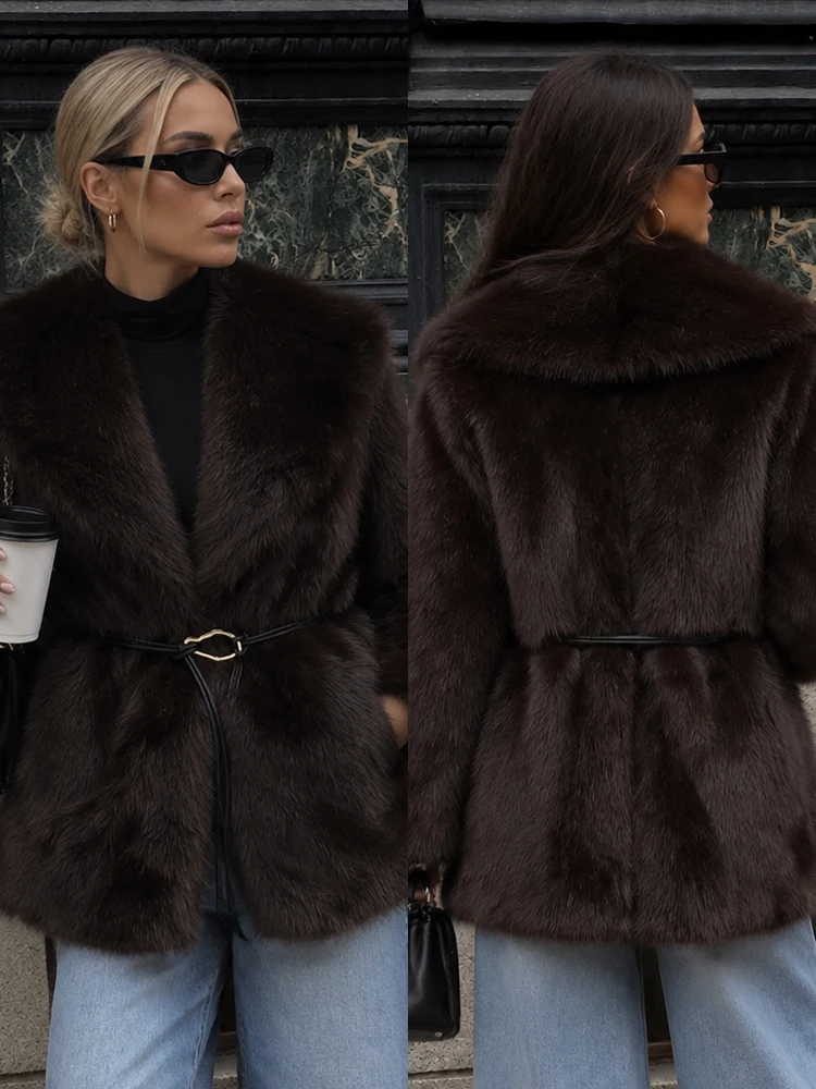 HH Damen-Mantel aus Kunstfell, mittellang, mit Revers, Metallschnalle, Gürtel, luxuriöser Pelzmantel, Herbst-Winter, Vintage-Streetstyle