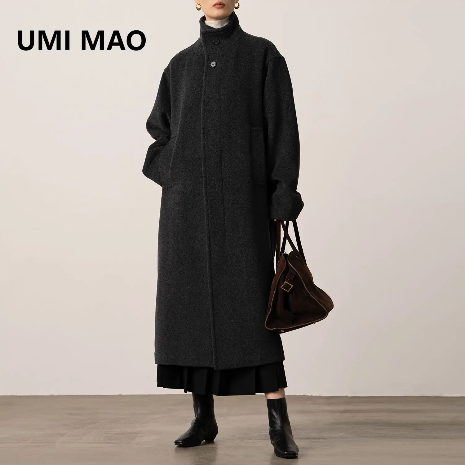 

UMI MAO шерстяная куртка, пальто из кашемира, мериносовая шерсть, одностороннее шерстяное пальто с воротником-стойкой, женское пальто
