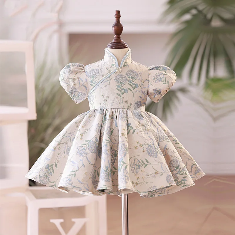 

2024 Summer New Hot Selling High Collar Printed Dress Girl Birthday Banquet Dress Girl Elegant and dignified Chinese style dress