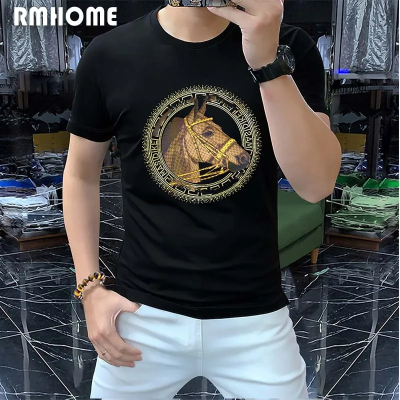 Men's Short Sleeve T-shirt Hot Diamond Sequin Horse Personalized Fashion Brand Male Tees 2023 Dummer New Luxury Man Clothing Top