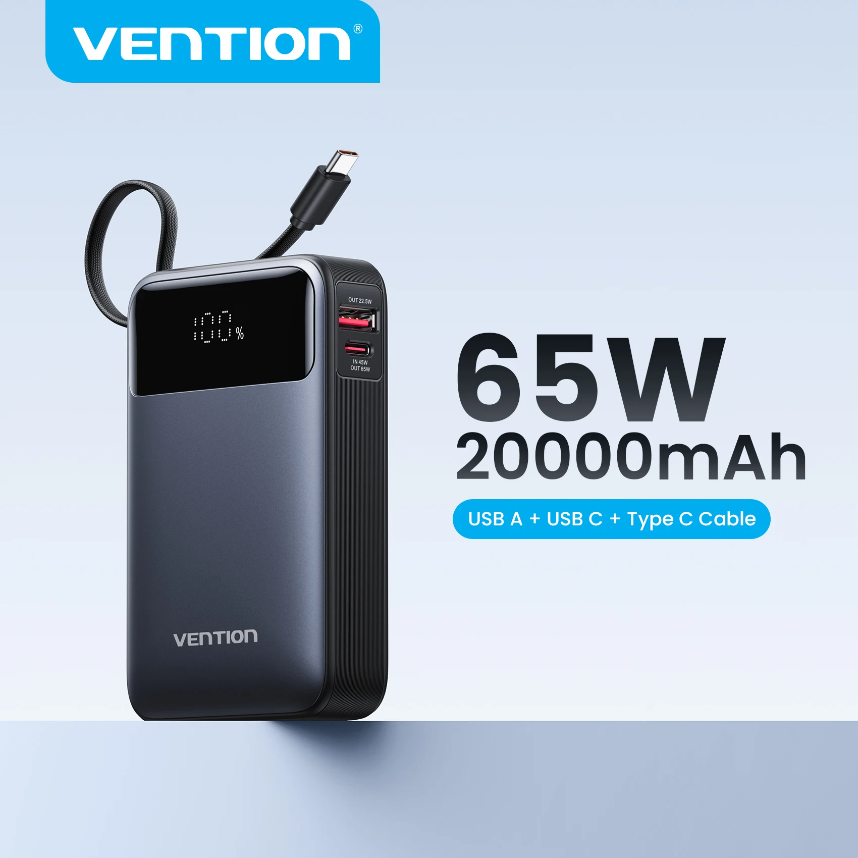 Vention Power Bank 20000mAh Portable PD 65W Fast Charging Built-in Type-C Cable External Battery Powerbank For iPhone 17 Laptop