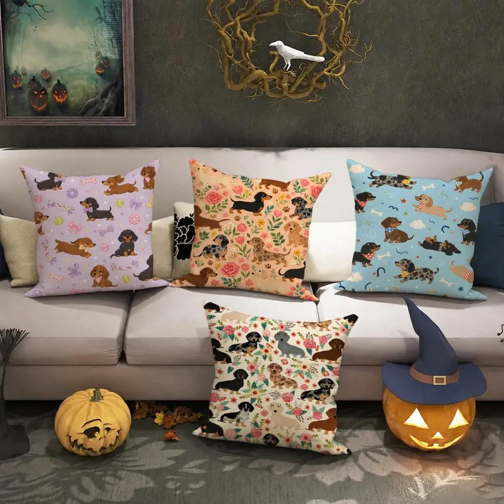 Cute Dachshund Pattern Set Cushion Cover Halloween decoration trick or treat cushion cover, ghost, pumpkin head, bat decoration