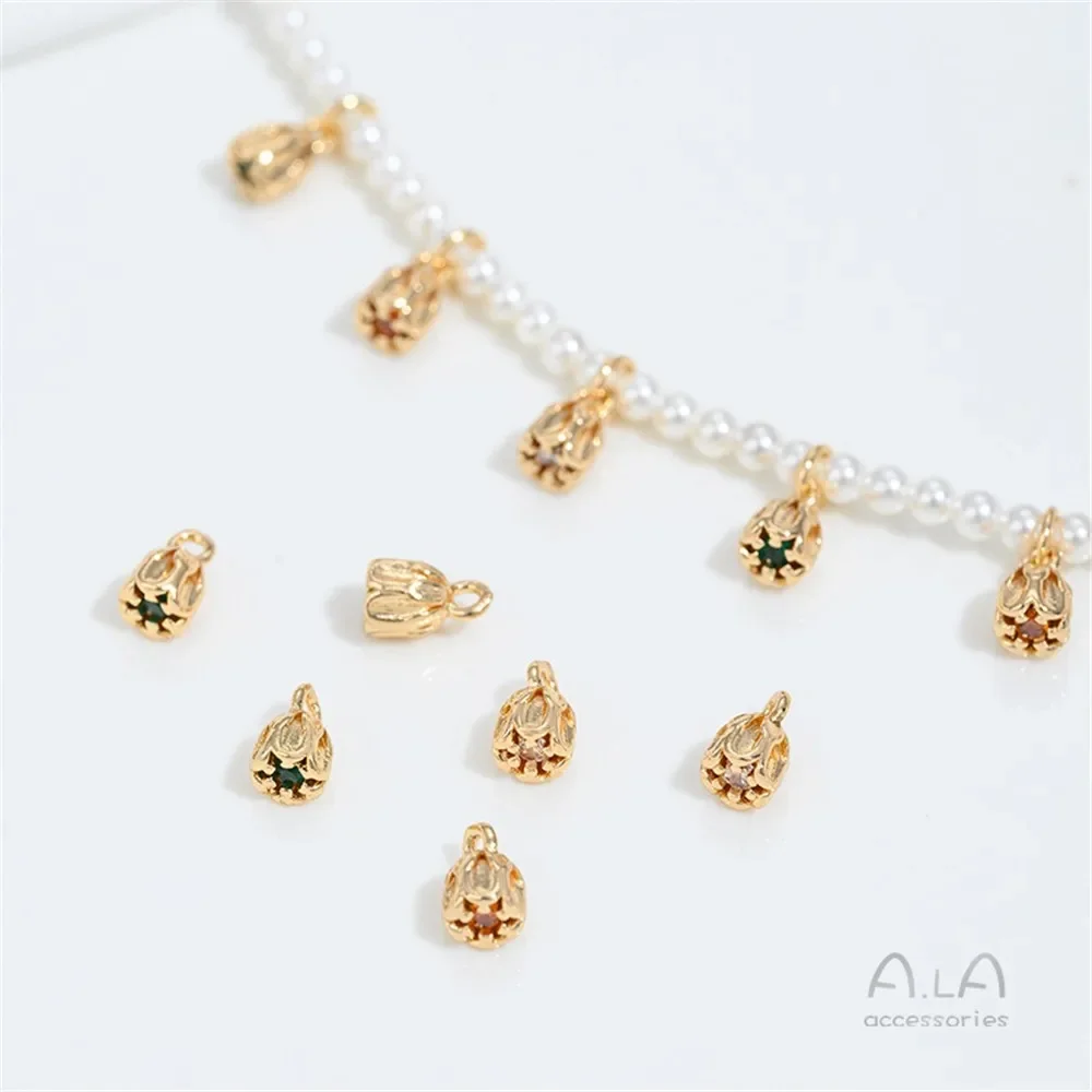 

14K Gold Inlaid Colored Zirconium Small Bud Pendant Small Lotus Pod Drip Pendant DIY Handmade Jewelry Pendant